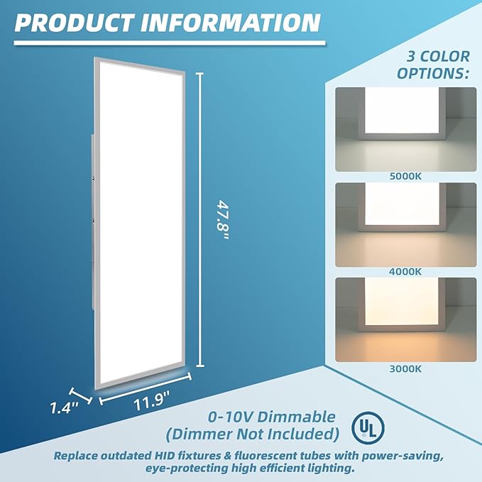 Art3d 1x4 FT LED Flat Panel Light, 3CCT Selectable Color Temperature 3000K/4000K/5000K, 0-10V Dimmable 5500LM Flush Mount Ceiling Light, 20W/30W/40W Drop Ceiling Light, 4 Pack