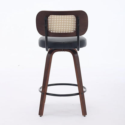 Set of 3 Counter Height Bar Stools 26 inch Rattan Counter Height Stools with Cane Back, Upholstered Seat, Walnut Craftsmanship, Swivel Counter Stools for Island,Kitchen,Counter,Bar (Walnut,Black)