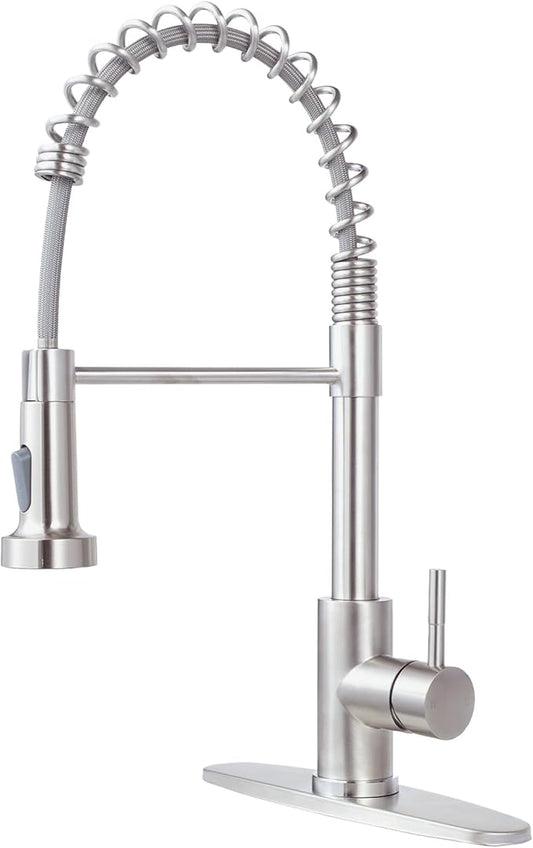 Comllen Kitchen Faucet with Pull Down Sprayer Brushed Nickel Stainless Steel 1 Handle Pull Out Spring Sink Faucets 1 Hole Or 3 Hole Dual Function for Outdoor Utility Camper Laundry Rv Wet Bar