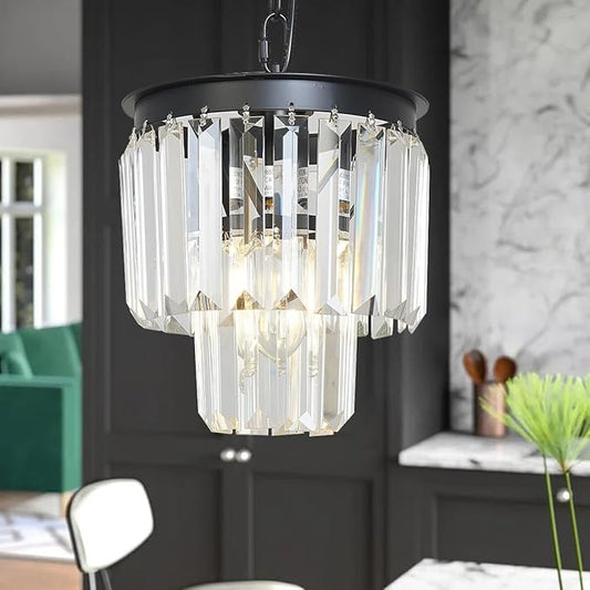 Modern Mini Crystal Chandeliers Small Pendant Light Contemporary Ceiling Pendant Light Fixture for Dining Room, Bedroom, Kitchen Island Entryway 8 Inches, Black
