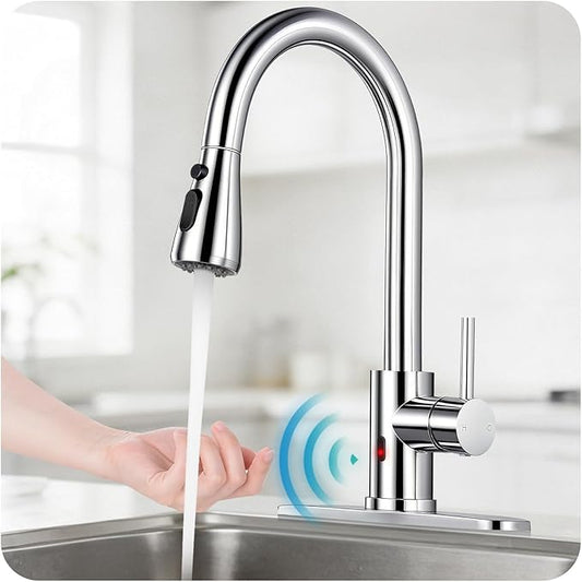 Touchless Kitchen Faucet with Pull Down Sprayer - Polished Chrome Single Handle Kitchen Faucets, High Arc Stainless Steel Pull Out Kitchen Sink Faucet with Deck for RV Laundry Farmhouse Bar