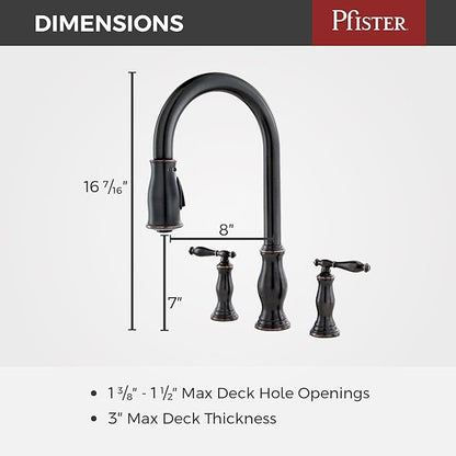 Pfister Hanover Kitchen Sink Faucet with Pull Down Sprayer and Soap Dispenser, 2-Handle High Arc Design, 4-Hole Installation, Tuscan Bronze Finish for Kitchen Sink F5314HNY