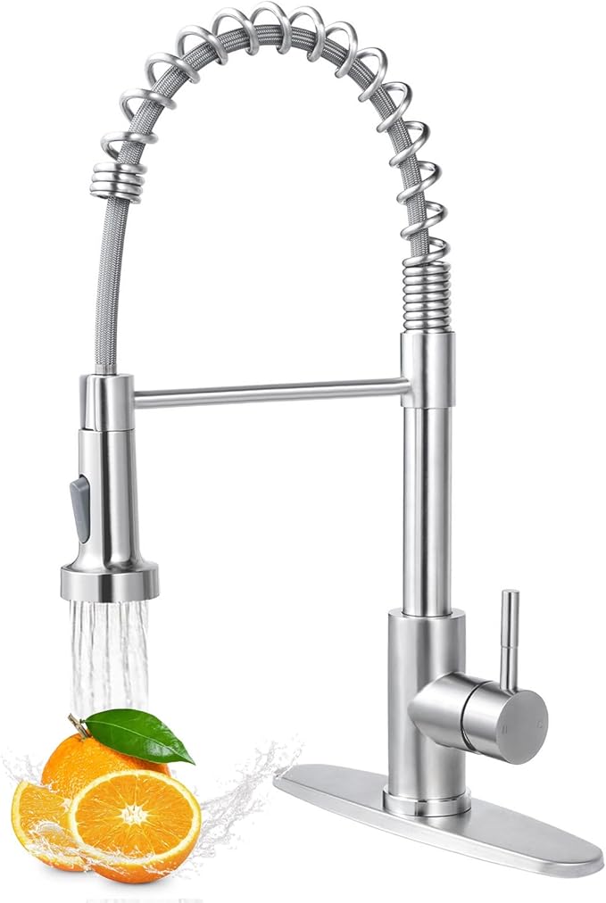 VAPSINT Kitchen Faucet with Pull Down Sprayer, Brushed Nickel Stainless Steel Single Handle Spring Sink Faucet 1 or 3 Hole,Dual Function Kitchen Faucets for Farmhouse Laundry RV Wet Bar, VAP-BY007