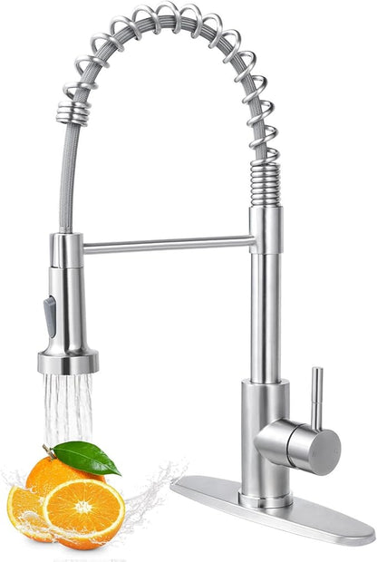 VAPSINT Kitchen Faucet with Pull Down Sprayer, Brushed Nickel Stainless Steel Single Handle Spring Sink Faucet 1 or 3 Hole,Dual Function Kitchen Faucets for Farmhouse Laundry RV Wet Bar, VAP-BY007
