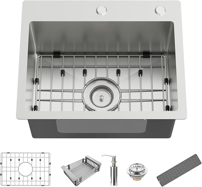 Kitchen And Bar Sink, 20x16 Inch Stainless Steel Drop In Modern Single Bowl Topmount Kitchen And Bar Sink Combo-SS Grid,Silicon Mat,Drain Strainer Set Compatibility With Various Kitchen&Bar Style