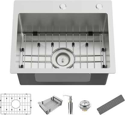 Kitchen And Bar Sink, 20x16 Inch Stainless Steel Drop In Modern Single Bowl Topmount Kitchen And Bar Sink Combo-SS Grid,Silicon Mat,Drain Strainer Set Compatibility With Various Kitchen&Bar Style