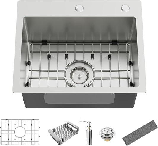 Kitchen And Bar Sink, 20x16 Inch Stainless Steel Drop In Modern Single Bowl Topmount Kitchen And Bar Sink Combo-SS Grid,Silicon Mat,Drain Strainer Set Compatibility With Various Kitchen&Bar Style