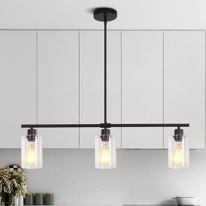 Kitchen Island Lighting, 3 light Black Farmhouse Pendant Lights Kitchen Island with Glass Shades, Island Chandelier Dining Room Lighting Fixtures Adjustable Height, Modern Kitchen Table Light Fixture