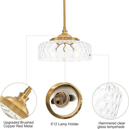 Vintage Pendant Light, Brushed Gold Pendant Lights Kitchen Island with Hammered Glass Shade, Hanging Ceiling Penant Lighting Fixtures with Adjustable Rods for Bathroom, Dining Room, Entryway, E12*3