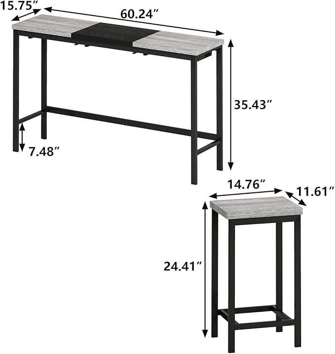 4 Piece Modern Design Kitchen Dining Table,1 Bar Table and Small Kitchen Table Set for 3,Wooden Counter Height Table Set for Kitchen,Convenient Hanging Stool Design,Dining Room Island Table (Grey)