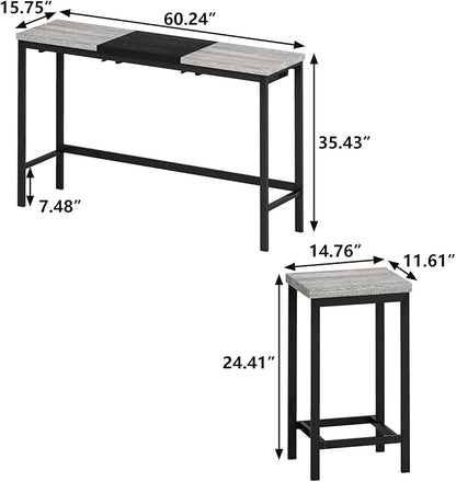 4 Piece Modern Design Kitchen Dining Table,1 Bar Table and Small Kitchen Table Set for 3,Wooden Counter Height Table Set for Kitchen,Convenient Hanging Stool Design,Dining Room Island Table (Grey)