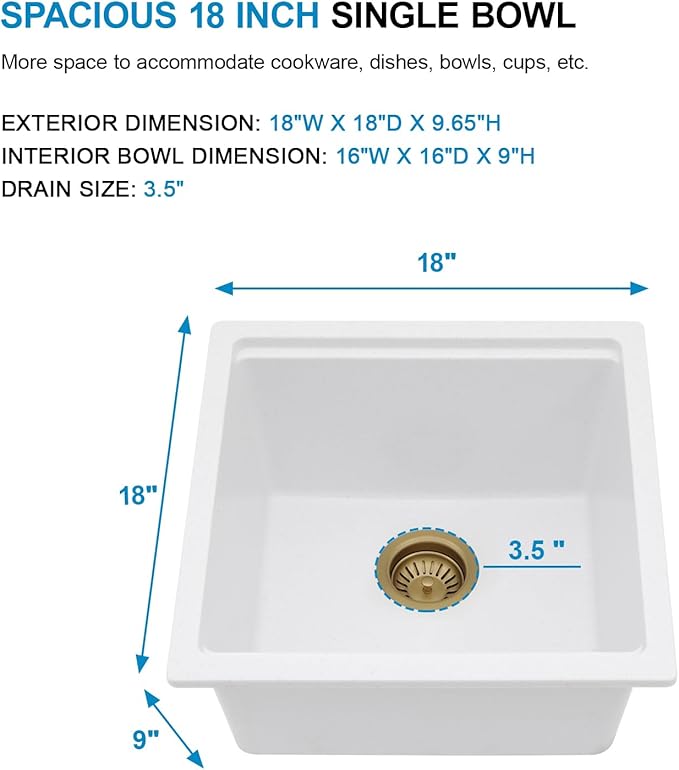 18 White Undermount Bar Sink- 18x18 Under Counter Wet Bar Prep Sink Granite Composite Quartz Workstation Sinks Quartz Natural Stone Not Easily Stained Single Bowl Small Kitchen Sinks