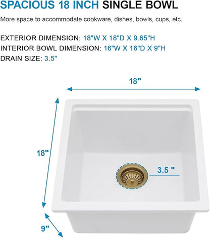 18 White Undermount Bar Sink- 18x18 Under Counter Wet Bar Prep Sink Granite Composite Quartz Workstation Sinks Quartz Natural Stone Not Easily Stained Single Bowl Small Kitchen Sinks