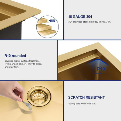 Dcolora 36 In. Gold Drop In Kitchen Sink, Workstation with Valued Accessories, Heavy Duty 16 Gauge 304 Stainless Steel Luxury Gold Nano-PVD, 36"x22"x10" Large Single Bowl #DC-T2533012GW