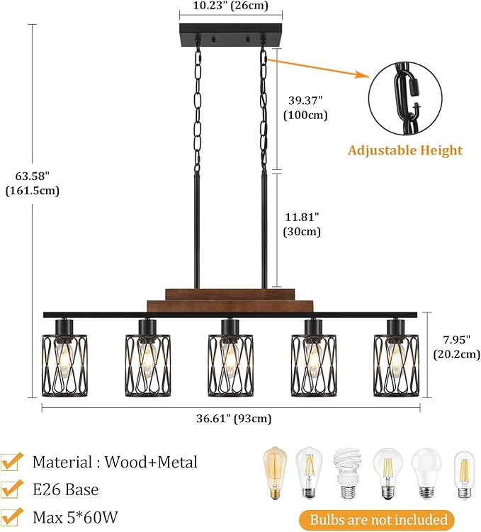 5-Light Farmhouse Kitchen Island Lighting Dining Room Light Fixture Over Table Matte Black Rustic Wood Hanging Kitchen Chandelier with Metal Shade Adjustable Height Pendant Lights for Dining Room