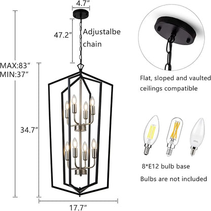 Lanhall 8-Light Lantern Tired Farmhouse Ceiling Hanging Light Black Chandelier Metal Modern Pendant Light Fixtures for Kitchen Island Dining Room Living Room Foyer Entryway-Brushed Nickel