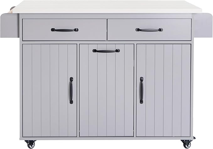 Ball & Cast Kitchen Island with Trash Can Storage Cabinet,Kitchen Cart W/Drop Leaf,Spice Rack,Towel Rack and Drawers,Rolling Kitchen Islands on Wheels W/Adjustable Shelf for Dining Room,Grey