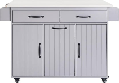 Ball & Cast Kitchen Island with Trash Can Storage Cabinet,Kitchen Cart W/Drop Leaf,Spice Rack,Towel Rack and Drawers,Rolling Kitchen Islands on Wheels W/Adjustable Shelf for Dining Room,Grey