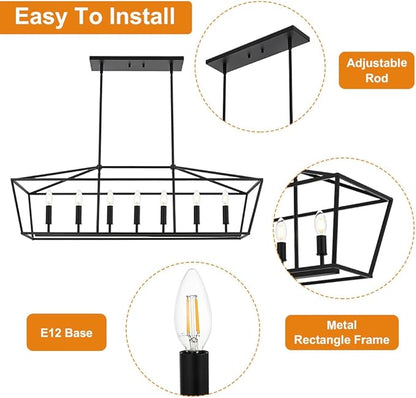 VINLUZ 7 Light E12 Dining Room Lighting Fixtures Hanging Farmhouse Chandelier in Matte Black Finish Modern Pendant Lighting Adjustable Height for Bedroom Living Room Hallway