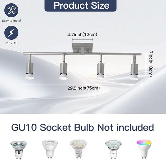 SEEBLEN 4-Light Nickel Track Lighting Kit, Adjustable GU10 Ceiling Spotlight Fixture with Rotatable Heads, Modern Flush Mount for Kitchen Island, Hallway, Living Room (Bulbs Not Included)