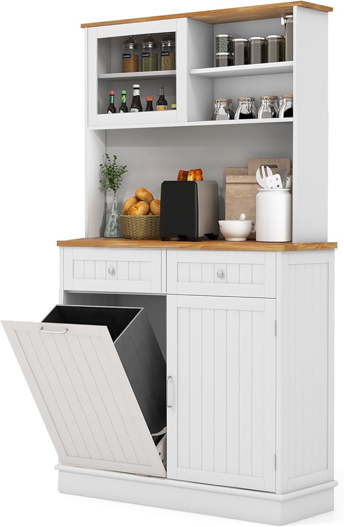 68" Tall Kitchen Pantry Cabinet, Freestanding Kitchen Hutch w/Tilt Out Trash Can Cabinet, Microwave Countertop, Sliding Glass Door, Wooden Dining Room Cupboard