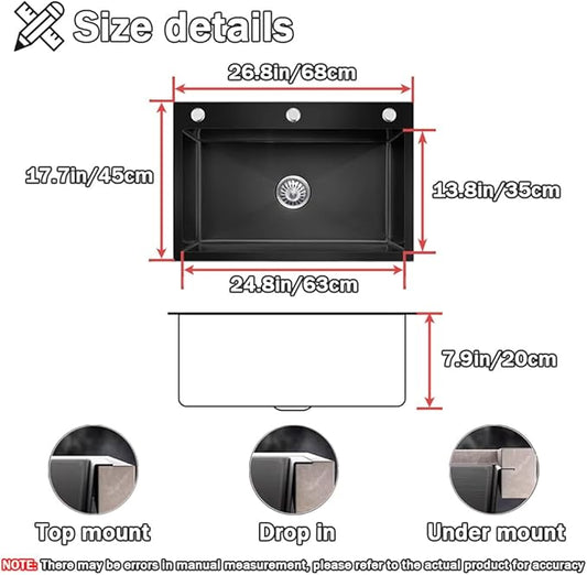 26.8 * 17.7in Drop In Kitchen Sink,Black Stainless Steel Single Bowl Sink,Topmount Workstation Sink With Pull Out Faucet,Soap Dispenser And Drain Basket