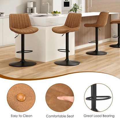 Bar Stools Set of 2, Swivel Adjustable Barstools, with Back Support, PU Leather Counter Height Bar Chairs for Kitchen Island Rustic Barstool, Brown (Brown + PU Leather + Foam-1)