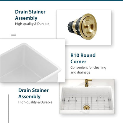 White Undermount Kitchen Sink 30 Inch Porcelain White Kitchen Sink 30"x18"x10" Dual Mount Single Bowl Ceramic Kitchen Sinks - Gold Drain Set