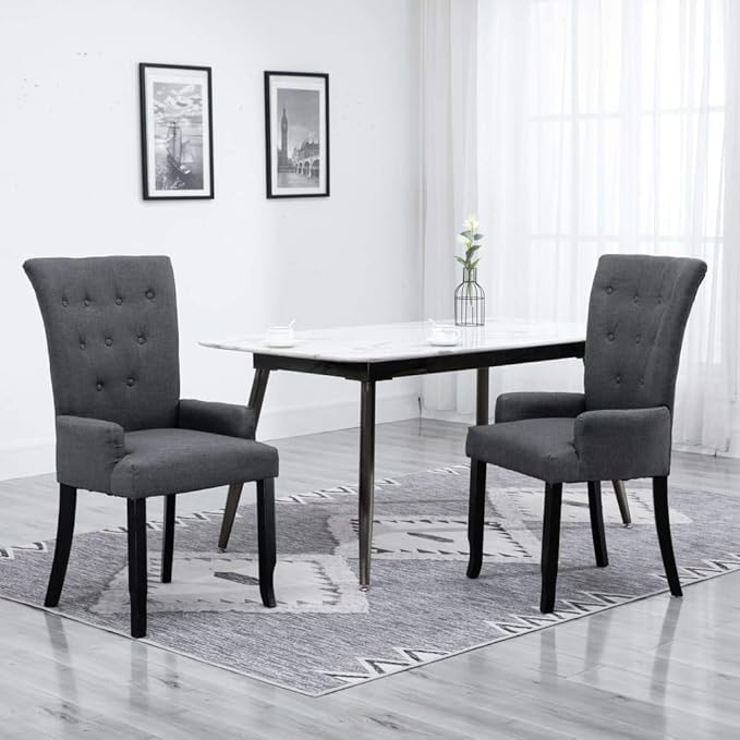 Dining Chairs with Armrests 2 pcs Dark Gray Fabric Upholstered Oak Wood Frame Modern Farmhouse Kitchen Furniture for Dining Room Living Room