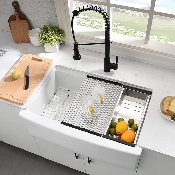 33 Inch White Farmhouse Sink Workstation-Hovheir 33x21 Apron Front Farm Sink White Fireclay Porcelain Ceramic Farmhouse Kitchen Sinks Workstation Deep Single Bowl Farmer Sinks with Cutting Board