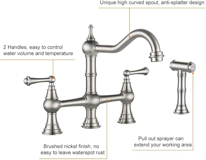 WOWOW 8 inch Centerset Bridge Kitchen Faucet with Brass Side Sprayer 2 Handles 4 Holes Antique Classic Heritage Deck-Mount Kitchen Sink Faucet, Brushed Nickel