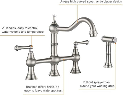 WOWOW 8 inch Centerset Bridge Kitchen Faucet with Brass Side Sprayer 2 Handles 4 Holes Antique Classic Heritage Deck-Mount Kitchen Sink Faucet, Brushed Nickel