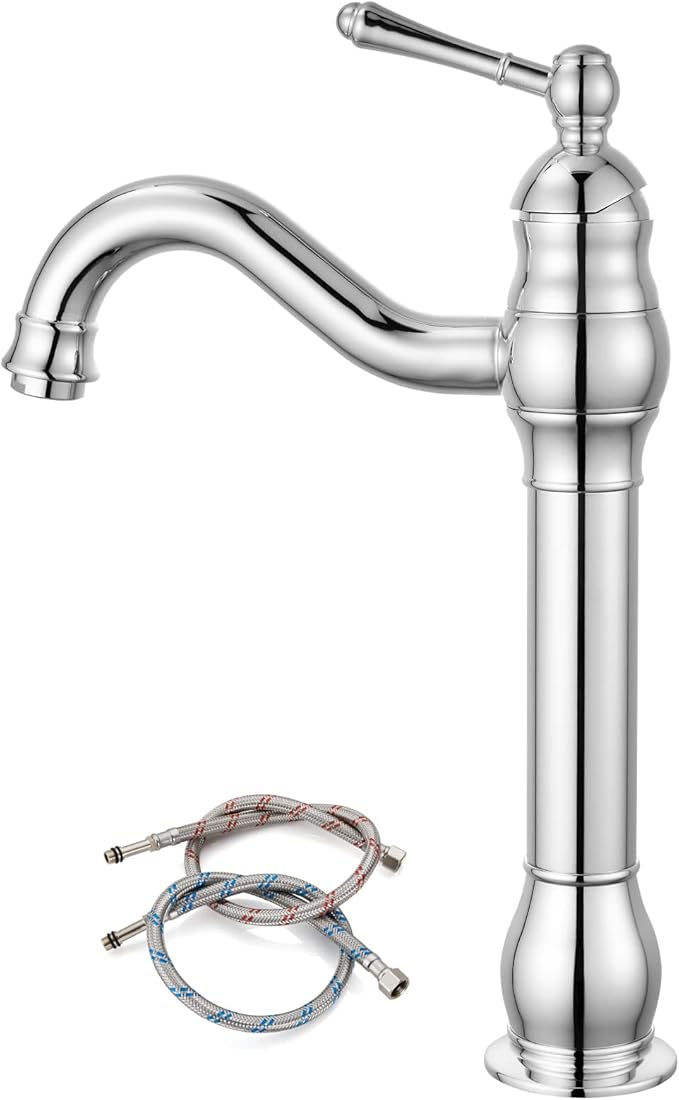gotonovo Vessel Sink Faucet 360° Swivel Spout Single Handle Tall Bathroom Faucet 1 Hole Farmhouse Lavatory Washbasin Mixer Tap Matching Supply Hoses, Without Pop Up Drain, Polish Chrome