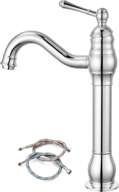 gotonovo Vessel Sink Faucet 360° Swivel Spout Single Handle Tall Bathroom Faucet 1 Hole Farmhouse Lavatory Washbasin Mixer Tap Matching Supply Hoses, Without Pop Up Drain, Polish Chrome