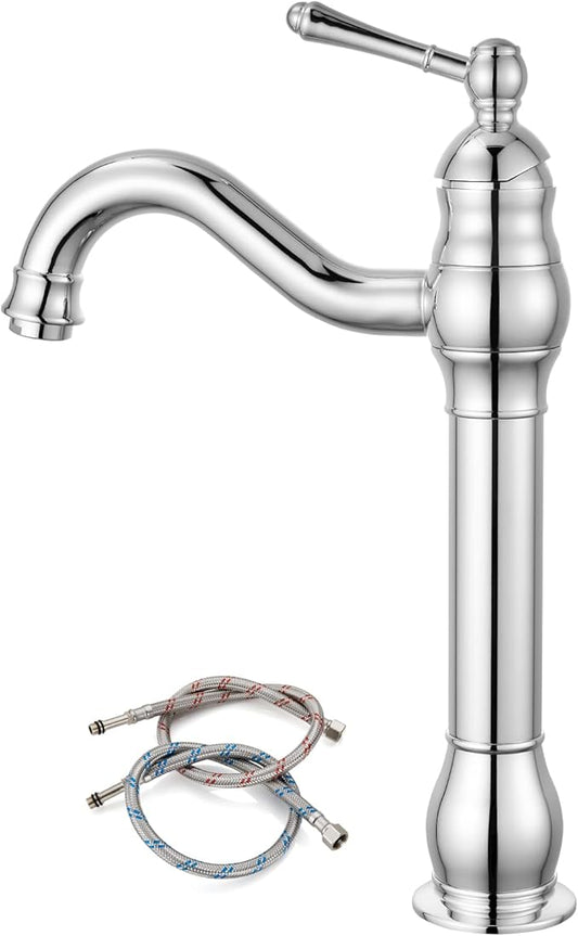 gotonovo Vessel Sink Faucet 360° Swivel Spout Single Handle Tall Bathroom Faucet 1 Hole Farmhouse Lavatory Washbasin Mixer Tap Matching Supply Hoses, Without Pop Up Drain, Polish Chrome