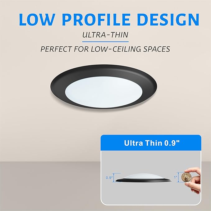 ECOELER 6 Inch LED Flush Mount Ceiling Light, Dimmable LED Disk Light, 16.5W 1000 Lm, 3000K Warm White, Black Trim, Suitable for J-Box or Recessed Can, ETL&FCC Listed, 10Pack