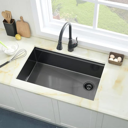 33 Black Undermount Kitchen Sink, 33x19 Stainless Steel Workstation Kitchen Sink with Offset Drain 16 Gauge Single Bowl Deep Basin