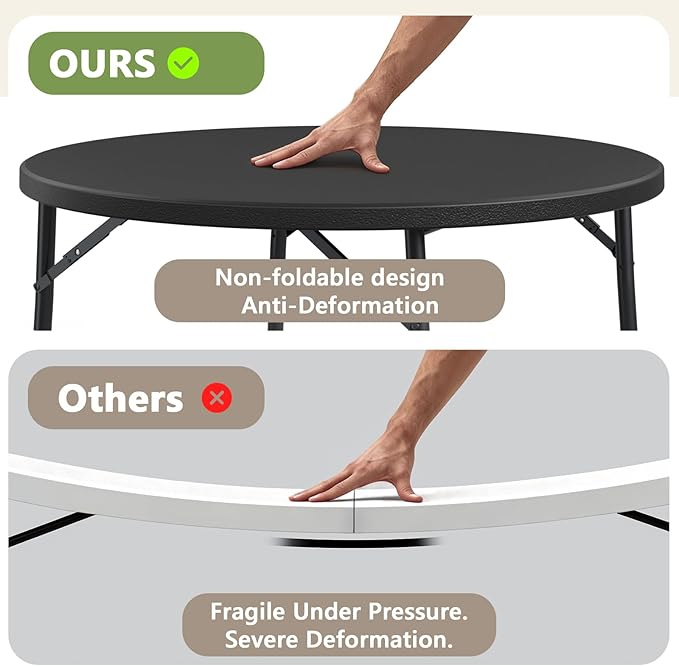 48" Folding Round Table, Heavy Duty Plastic Commercial Dinner Table with Foldable Steel Legs, Portable Banquet Table for Party, Events, Office, Indoor, Outdoor, Black