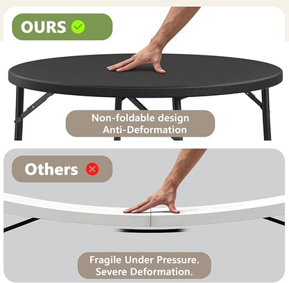 48" Folding Round Table, Heavy Duty Plastic Commercial Dinner Table with Foldable Steel Legs, Portable Banquet Table for Party, Events, Office, Indoor, Outdoor, Black