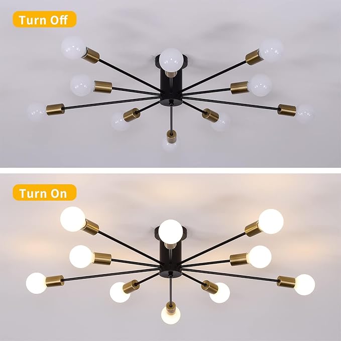 Garwarm Modern Sputnik Ceiling Light, 10-Light Mid Century Sputnik Chandelier Industrial Semi Flush Mount Ceiling Light Fixture for Living Room Kitchen Bedroom Farmhouse Dining Room(Black+Gold)