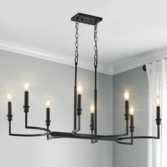 8-Light Black Chandelier Rectangular Dining Room Chandelier Over Table Metal Candle Chandelier Light Fixture Retro Black Island Lighting 37in