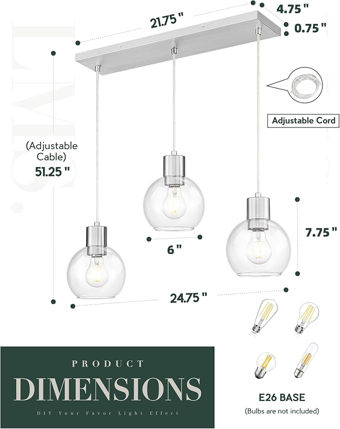 LMS Brushed Nickel Dining Room Light Fixture, 3-Light Clear Globe Glass Island Lights, Farmhouse Linear Chandeliers for Kitchen Island Pendant Light Fixtures, LMS-122SPL-BN3
