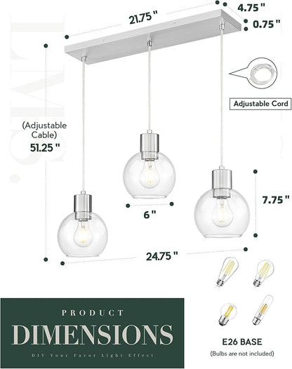 LMS Brushed Nickel Dining Room Light Fixture, 3-Light Clear Globe Glass Island Lights, Farmhouse Linear Chandeliers for Kitchen Island Pendant Light Fixtures, LMS-122SPL-BN3