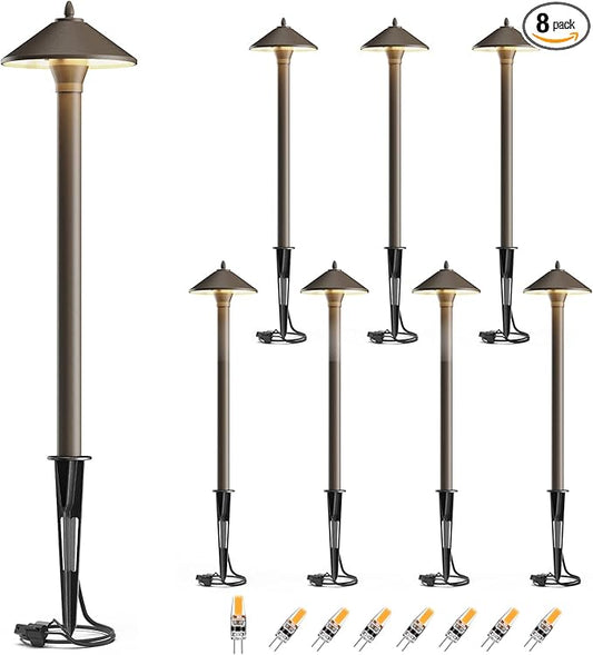 GOODSMANN Landscape Lighting Outdoor Low Voltage Landscape Lighting Kits 8PK Pathway Lights Wired 1.2W 40 Lumen 2700K Metal 12V AC Brown Electric Sidewalk Walkway Lights with Cable Connectors