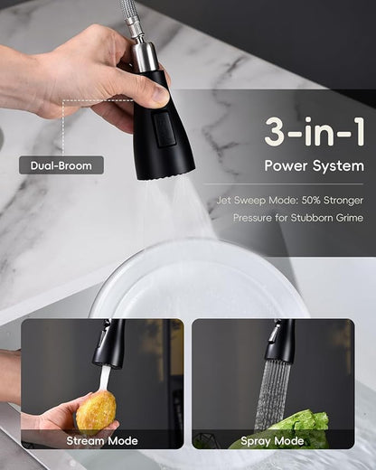APPASO Black Kitchen Faucet with Pull Down Sprayer, 360° Swivel, 20-Inch Flexible Hose, One Hole Single Handle High Arc Matte Black Faucet for 1 or 3 Holes Kitchen Farmhouse Outdoor Sink, Easy Install