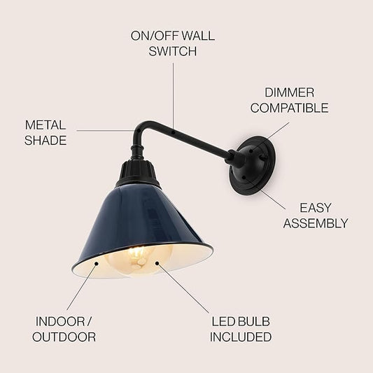 JONATHAN Y 9.63" Navy/Black 1-Light Farmhouse Outdoor Sconce, Industrial LED Wall Light, Gooseneck Arm Barn Lamp with Metal Bell Shade for Porch, Patio, Kitchen, LED Bulb Included (JYL7612C)