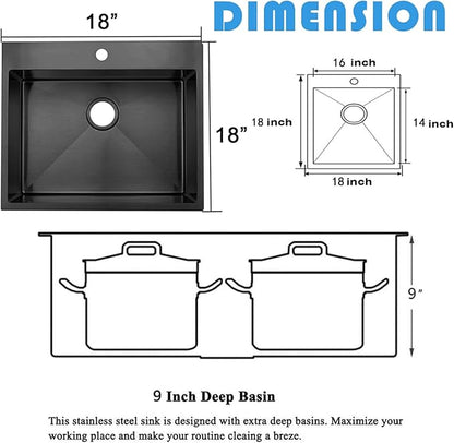 Black Drop In Bar Sink, 18 x 18 Inch Topmount RV 16 Gauge Gunmetal Black Stainless Steel Single Bowl Small Kitchen Sink, Handmade Modern Outdoor RV Wet Bar Perp Sinks with Drain
