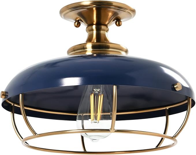 Presley Caged Dome Metal Semi-Flush Mount Ceiling Light, Brushed Brass and Navy Blue