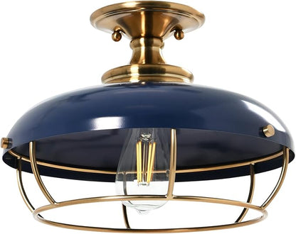 Presley Caged Dome Metal Semi-Flush Mount Ceiling Light, Brushed Brass and Navy Blue