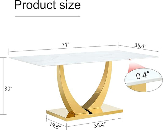 Faux Marble Dining Room Table, Modern Kitchen Table with Golden U-Shaped Base, 71" White Dining Table with Rectangular Glass Top for Dining Room and Kitchen